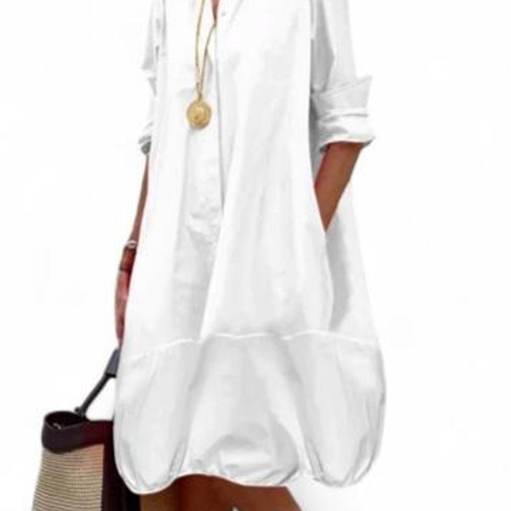 UOOZEE Long Sleeve Loose White Lapel Collar Midi Dresses Shirt Dress
